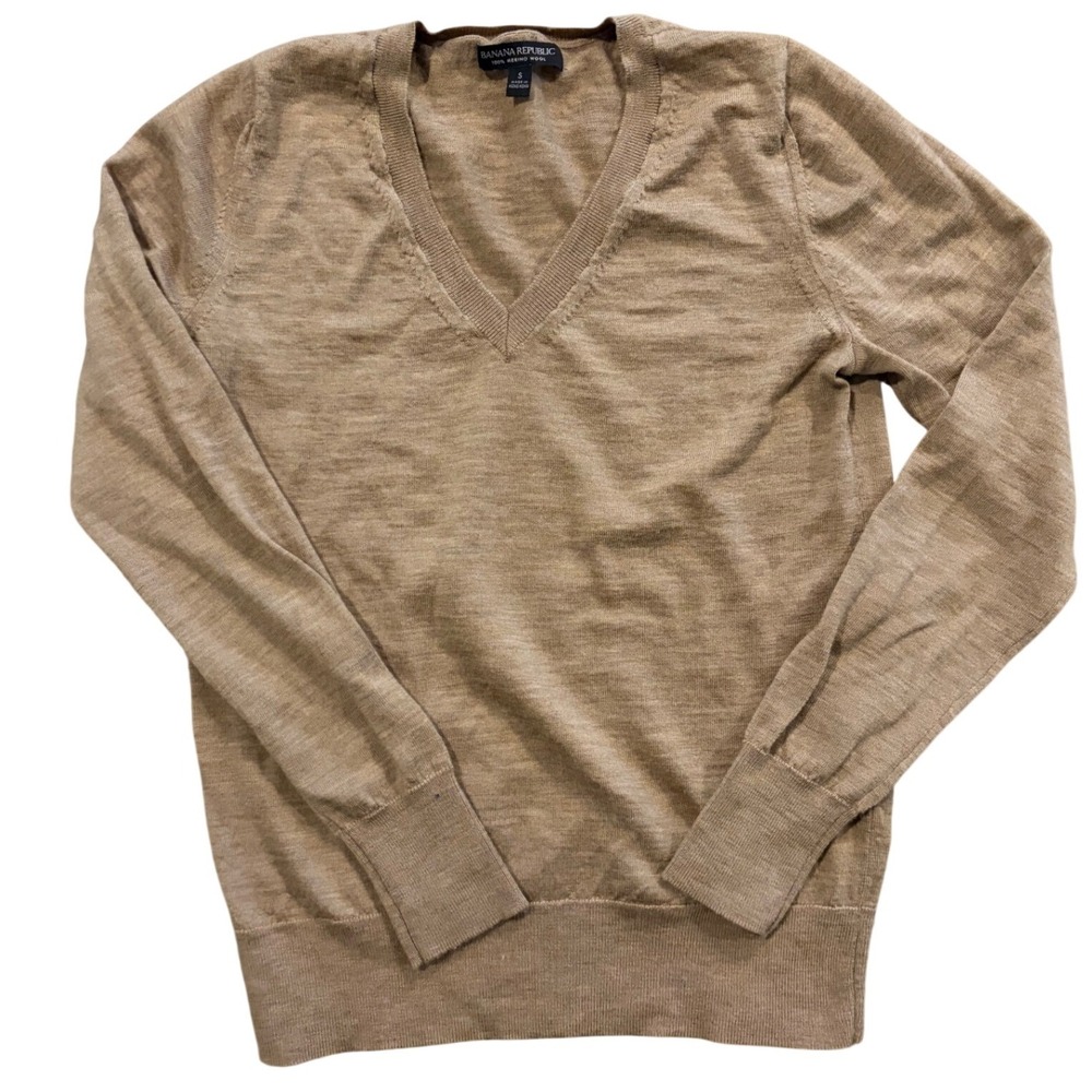 Banana‎ Republic Womens Small Tan 100% Merino Wool V-Neck Lightweight Sweater